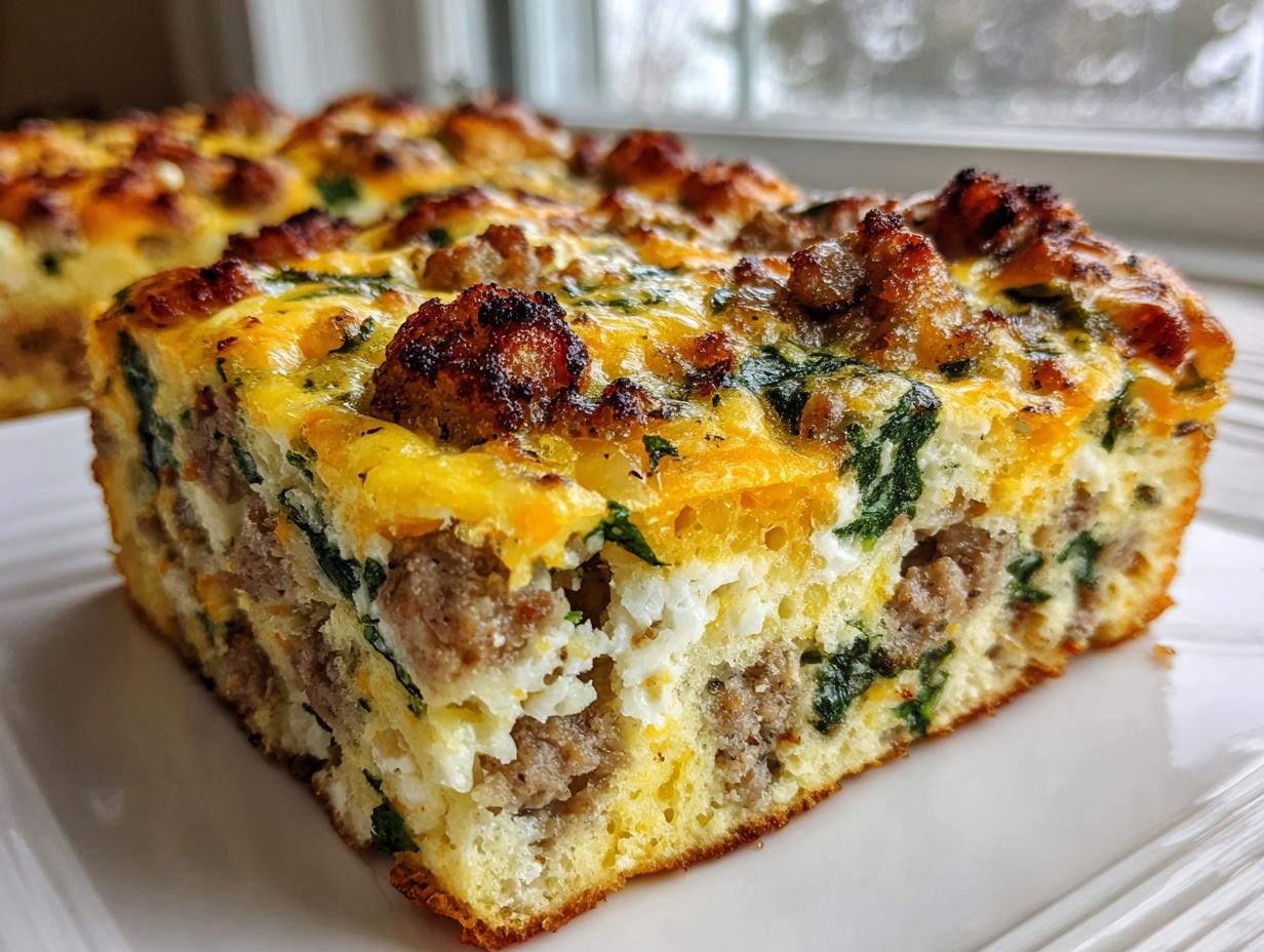 A close-up of a hearty slice of sausage and spinach egg bake showing layers of fluffy eggs, browned sausage, and melted cheese.