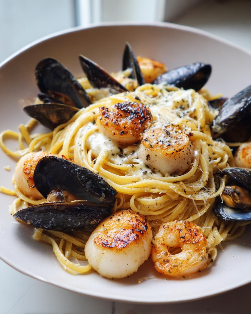 Close-up of creamy seafood pasta featuring seared scallops, mussels in shells, and shrimp.