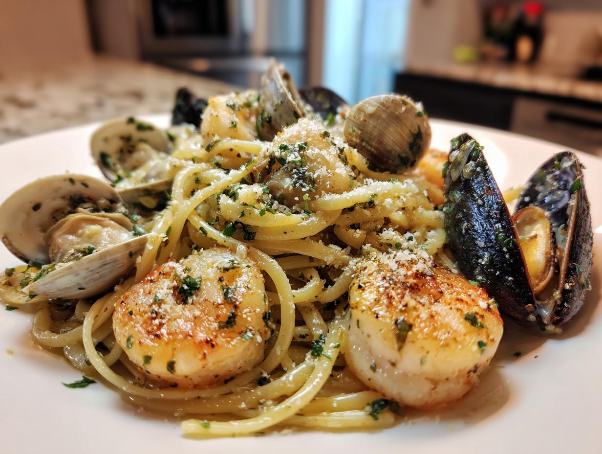 Close-up of perfectly cooked seafood pasta featuring seared scallops, clams, and mussels tossed in a light sauce.