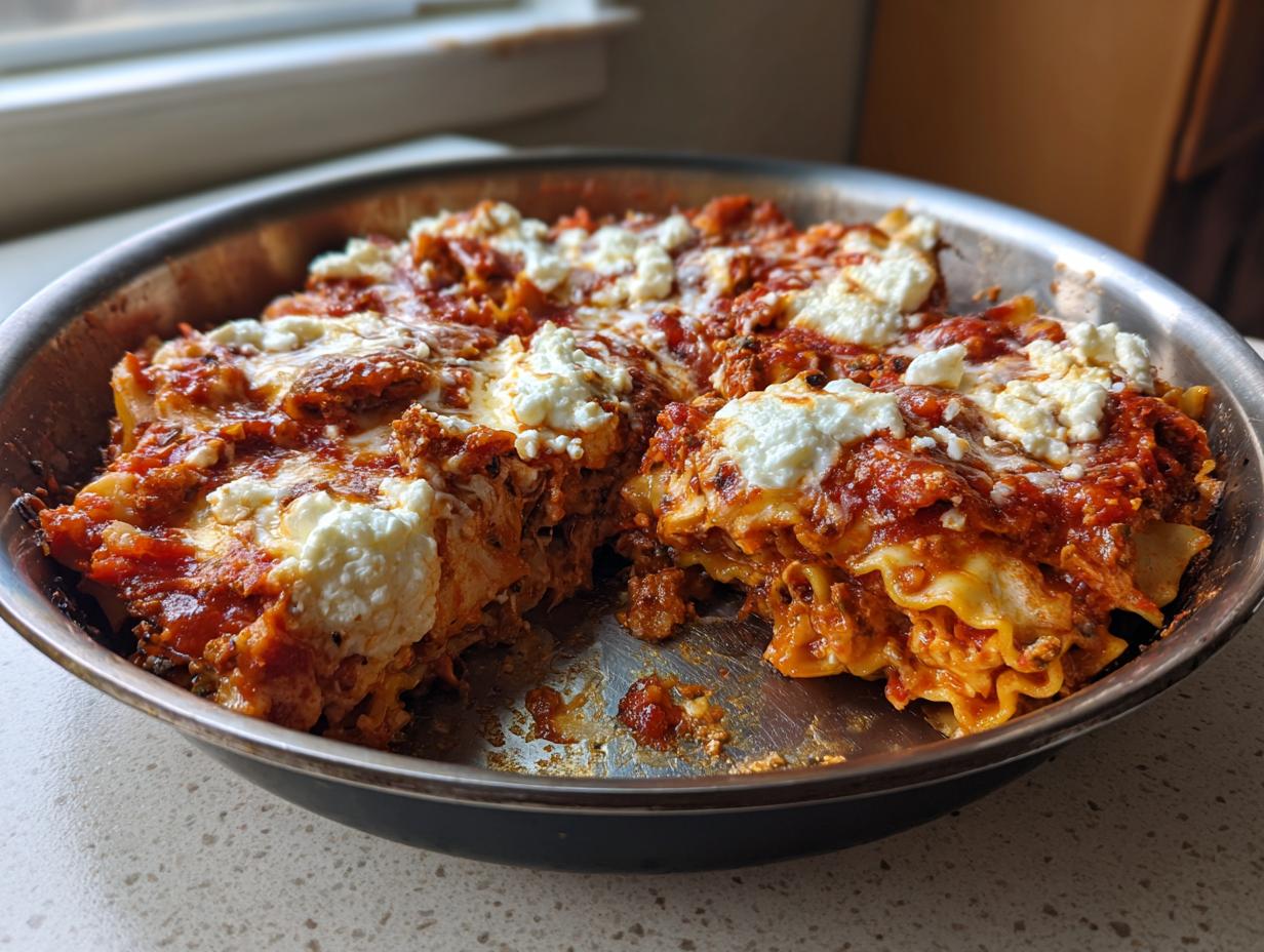 Close-up of a freshly baked skillet lasagna in a metal pan with a serving removed, showing layers of pasta and ricotta cheese.