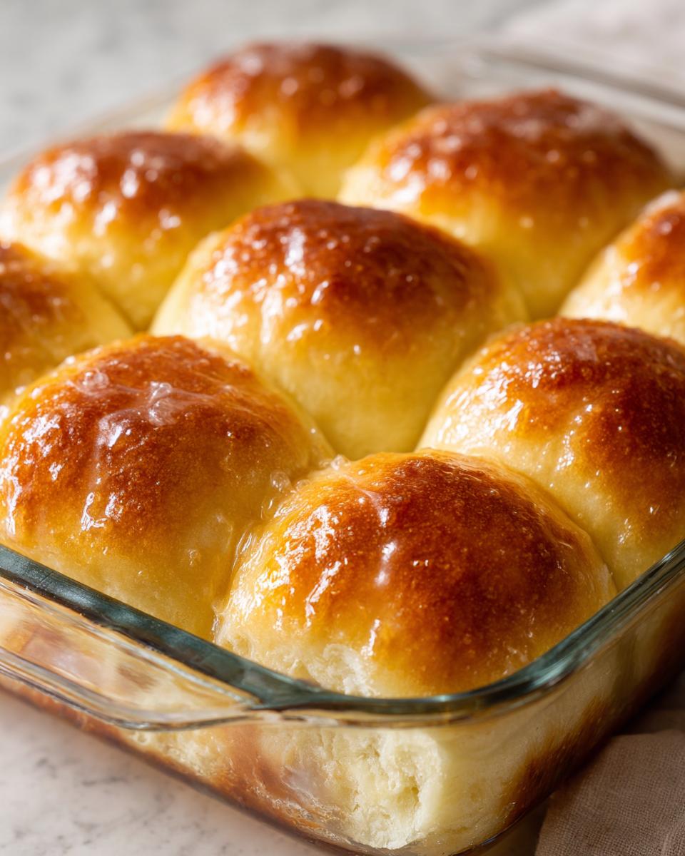 Close-up of soft, golden-brown dinner rolls baked together in a glass dish, glistening with a sweet glaze.