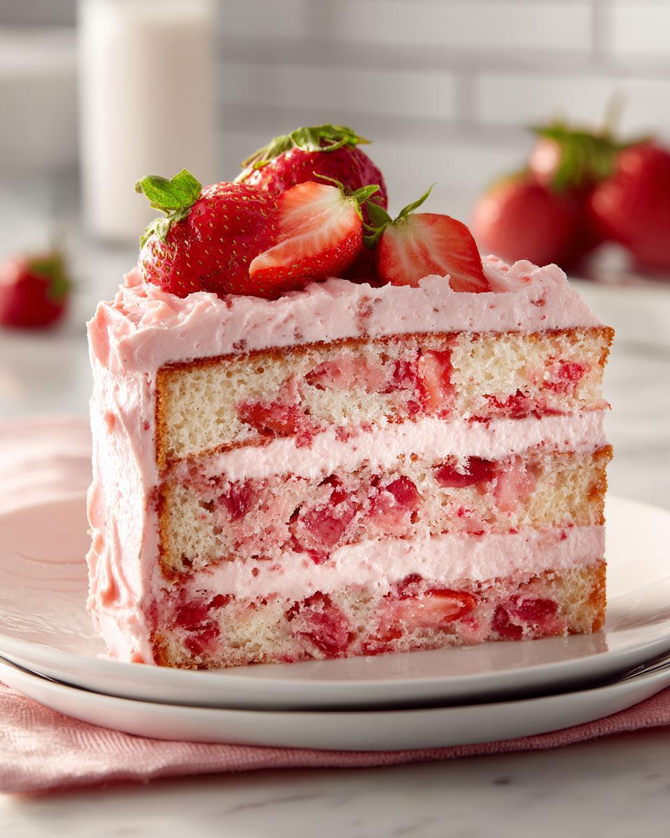 Close-up of a tall slice of strawberry cake layered with pink frosting and fresh strawberries on top.