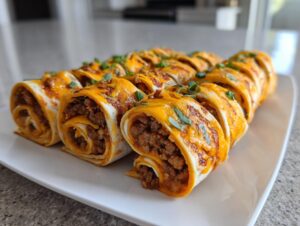 Close-up of baked taco pinwheels filled with seasoned ground beef and melted cheddar cheese, garnished with green onions.