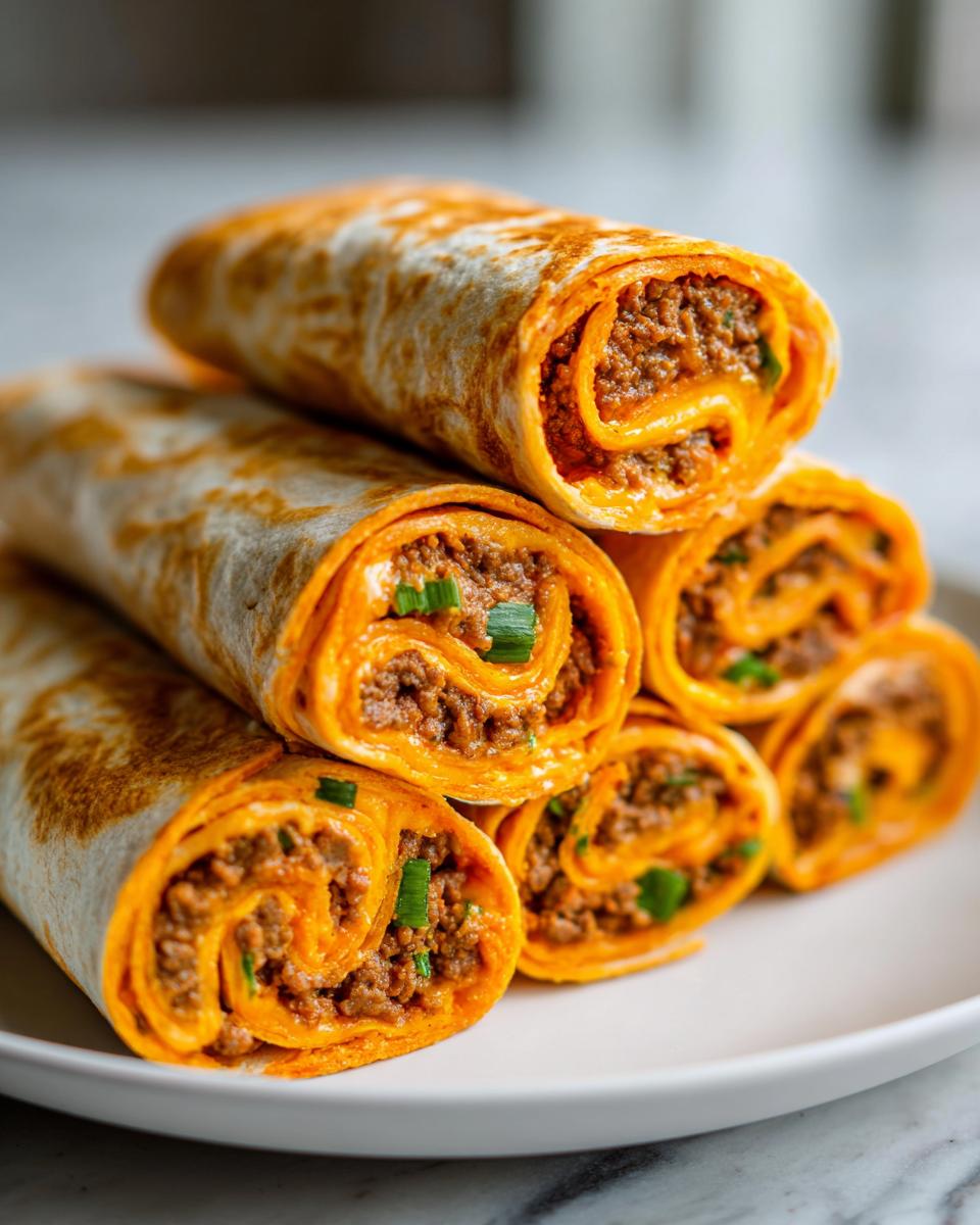 A stack of six savory taco pinwheels filled with seasoned ground beef and cheese, garnished with green onions.
