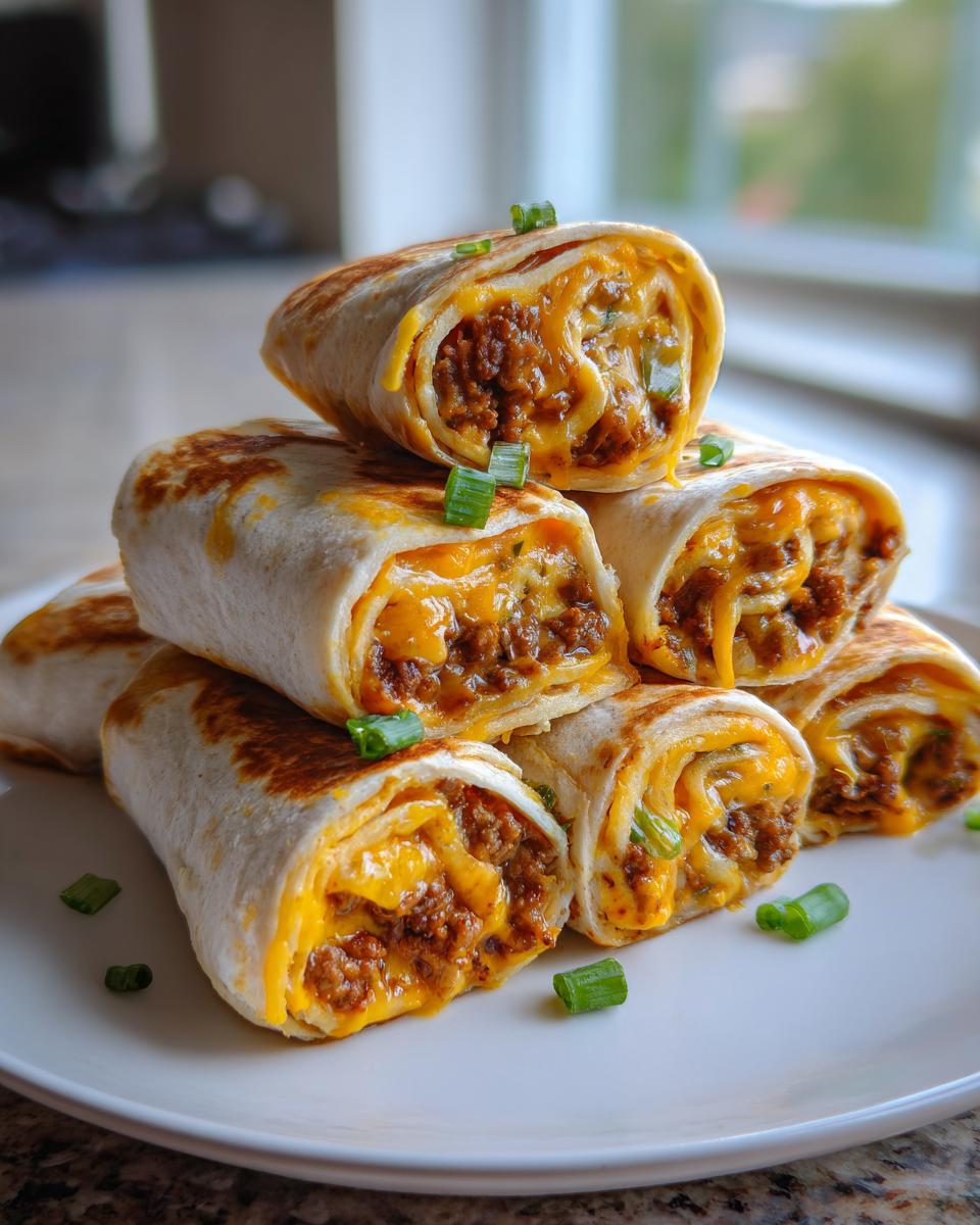 A stack of cut taco pinwheels filled with seasoned ground beef and melted cheddar cheese, garnished with green onions.