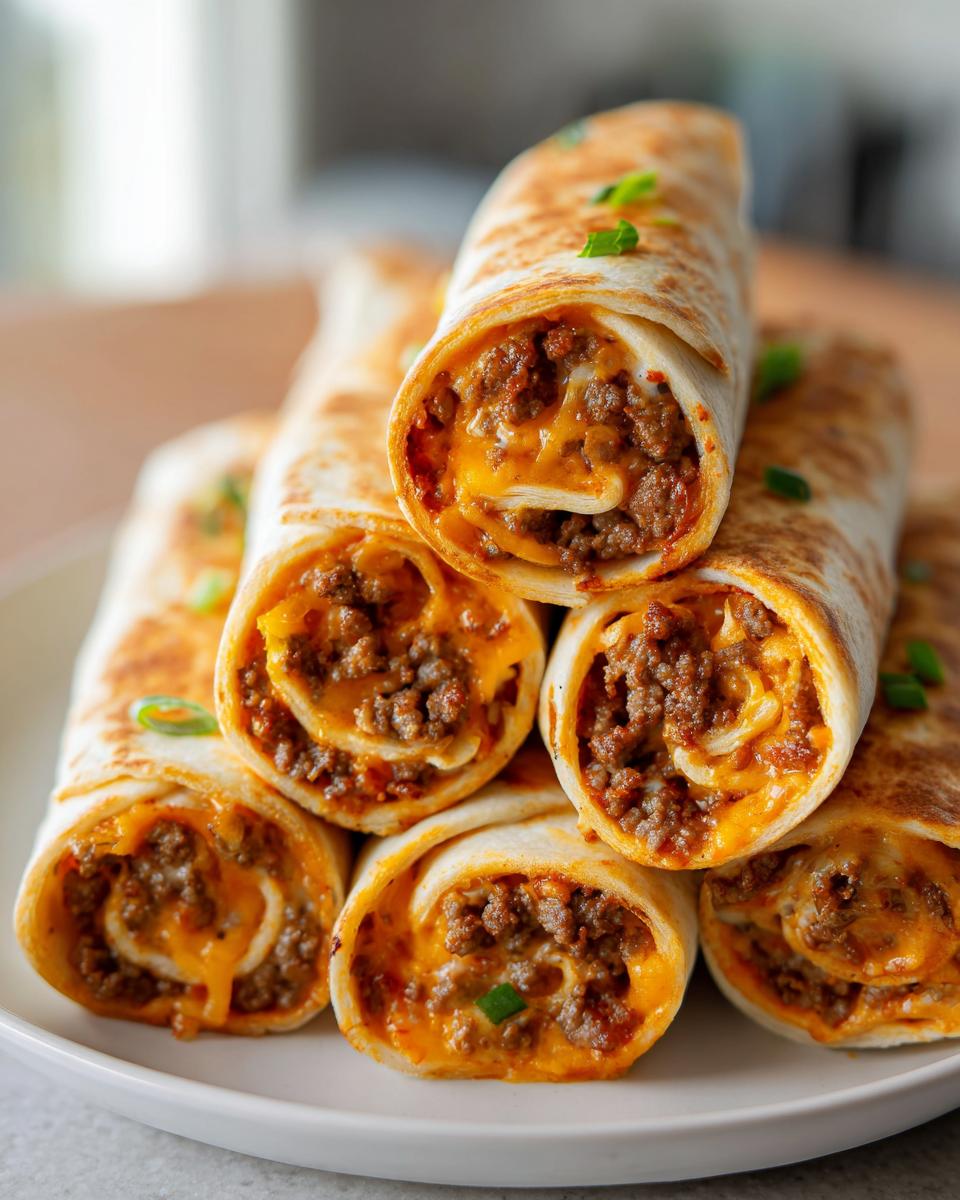 Close-up of a stack of golden-brown taco pinwheels filled with seasoned ground beef and melted cheddar cheese.