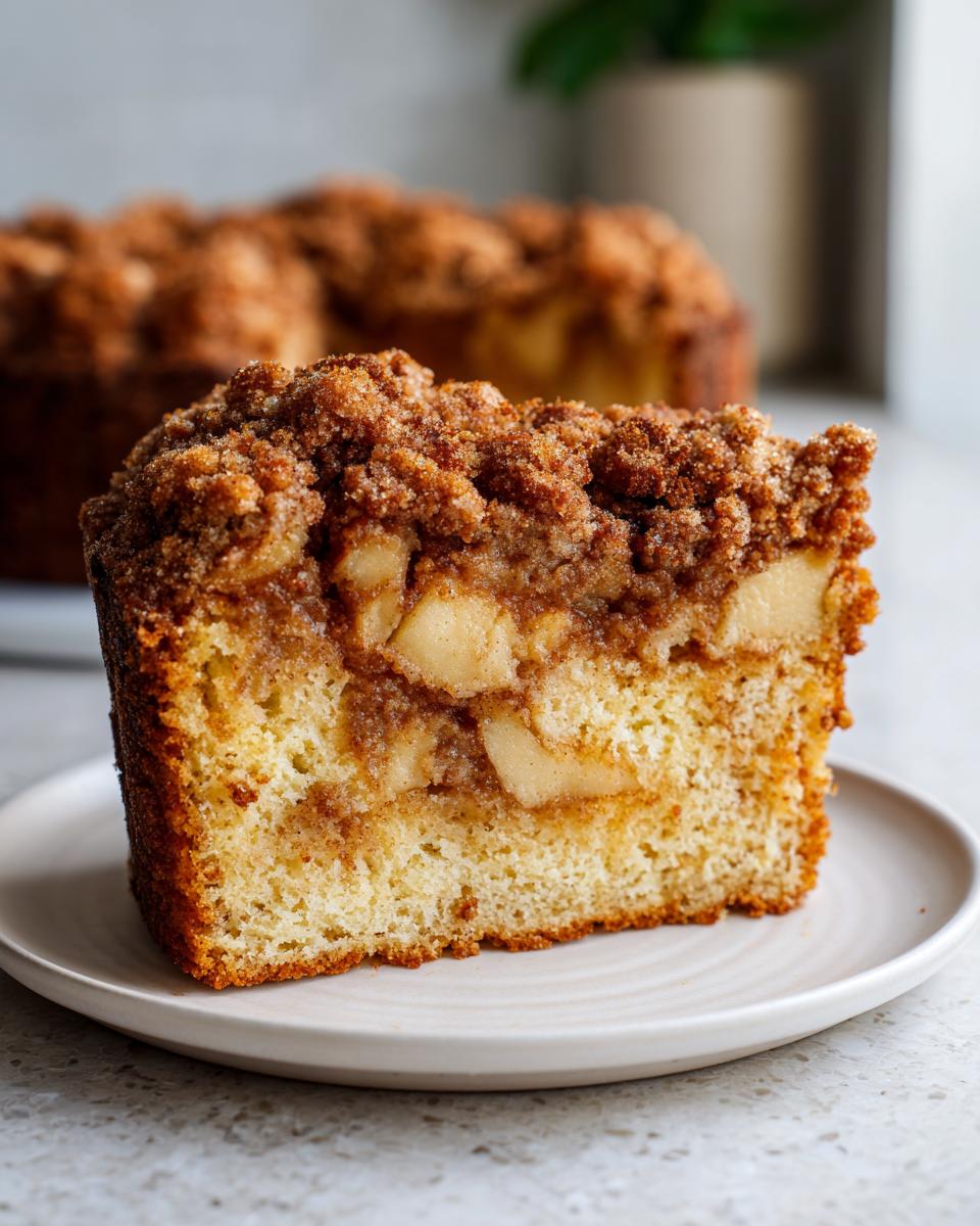 Close-up of a thick slice of moist apple crumb cake showing layers of cake, spiced apples, and a generous cinnamon streusel topping.