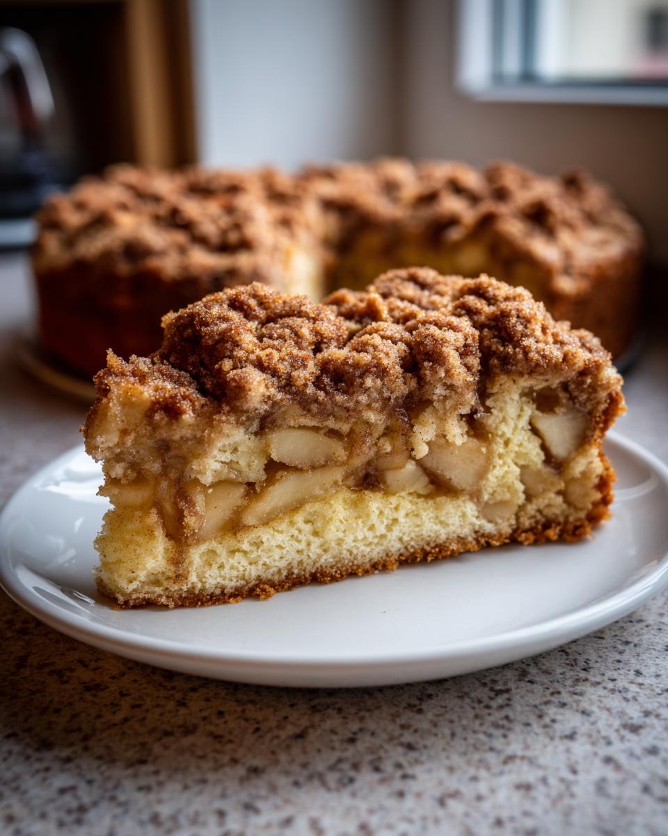 Close-up of a moist slice of apple crumb cake showing tender cake base, spiced apple filling, and thick cinnamon crumb topping.