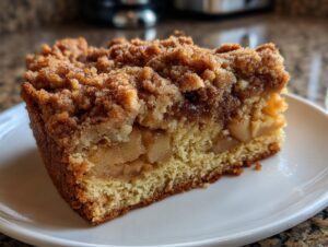 Close-up of a moist slice of apple crumb cake showing layers of cake, spiced apples, and thick cinnamon streusel topping.