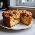 A moist apple crumb cake with a thick layer of cinnamon streusel topping, sliced open to show the tender cake and apple filling.