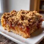A close-up shot of a square slice of rich apple crumble bar showing gooey filling and crunchy topping.