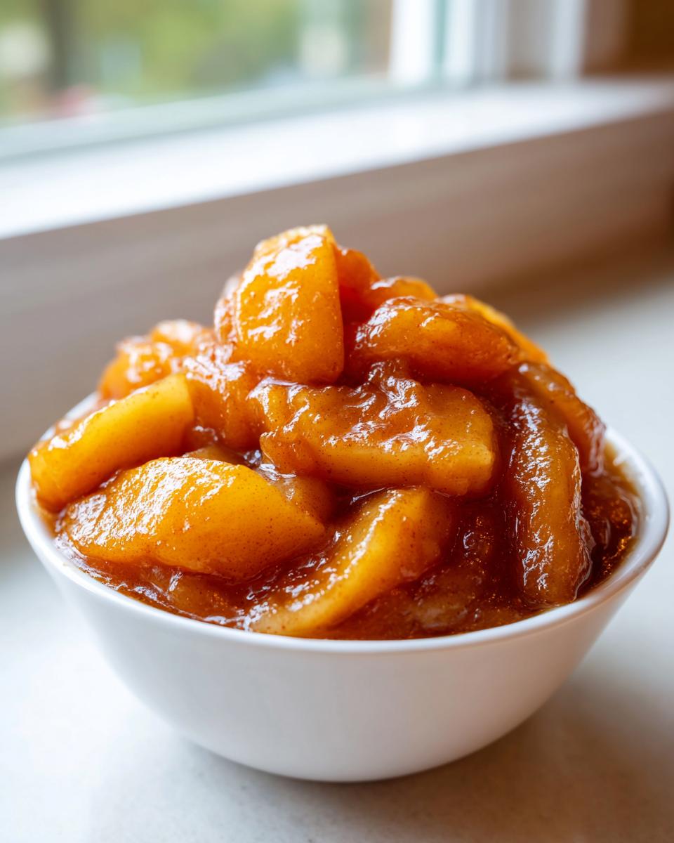 Close-up of a white bowl piled high with glossy, spiced apple pie filling recipe.