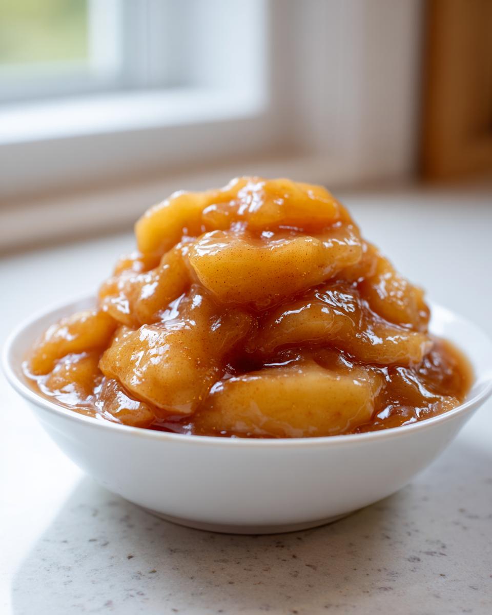 Close-up of rich, spiced apple pie filling recipe piled high in a small white bowl.