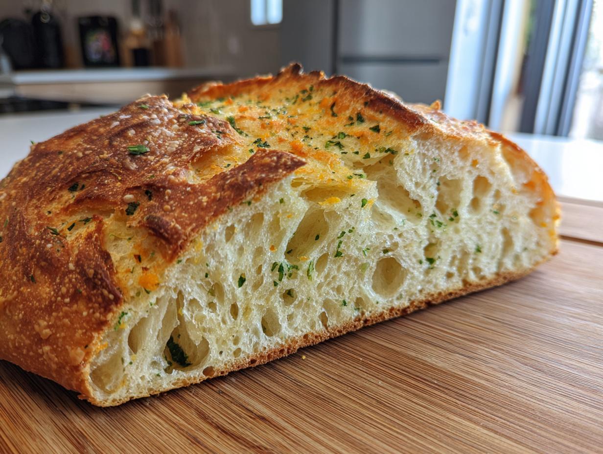 Close-up of a sliced artisan bread loaf showing an open, airy crumb structure topped with herbs and cheese.