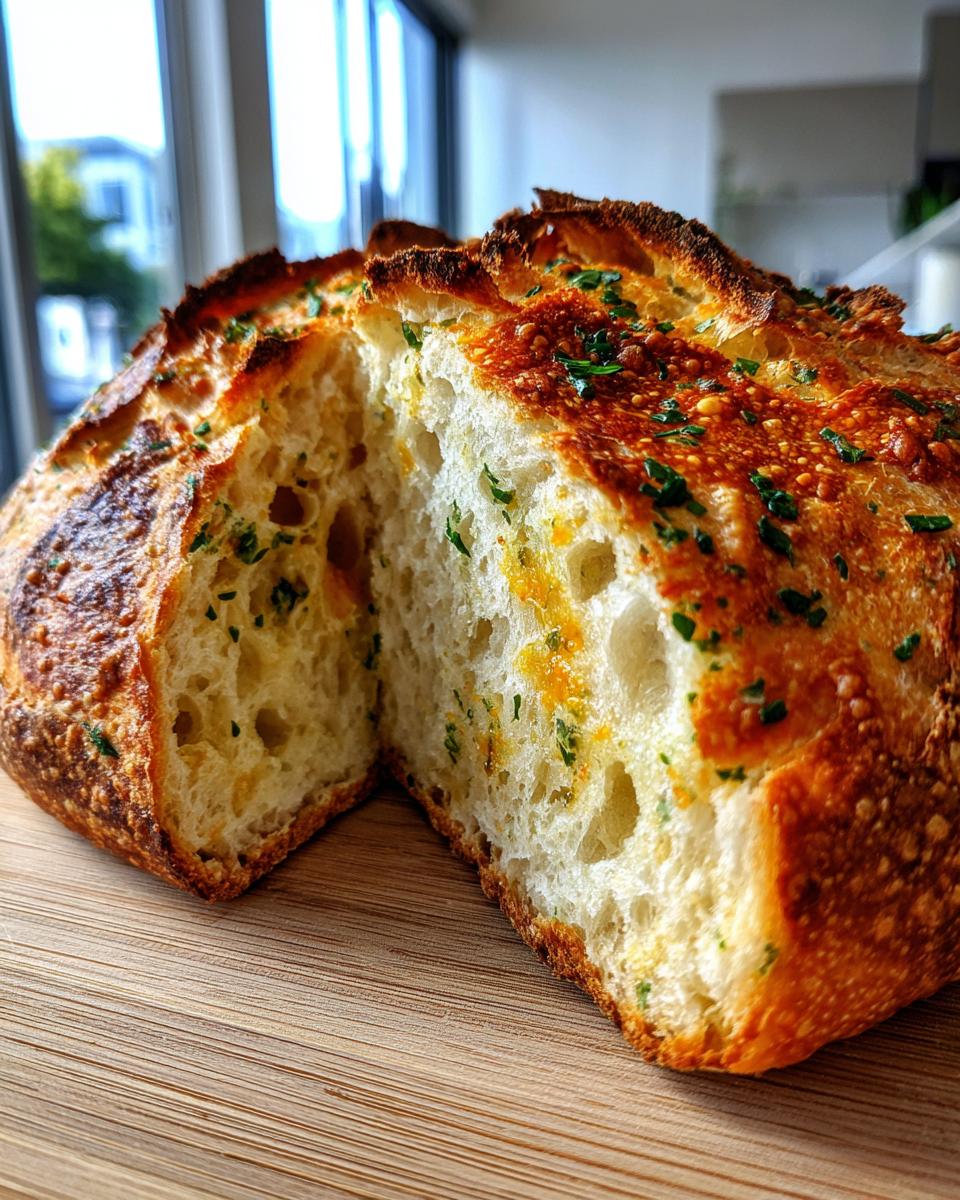 Close-up of a freshly baked artisan bread, sliced in half, revealing an open crumb and a golden, herb-topped crust.