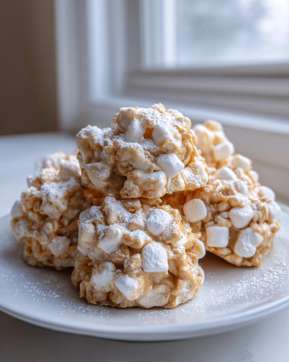 A stack of homemade avalanche cookies made with cereal, marshmallows, and peanut butter, dusted with powdered sugar.