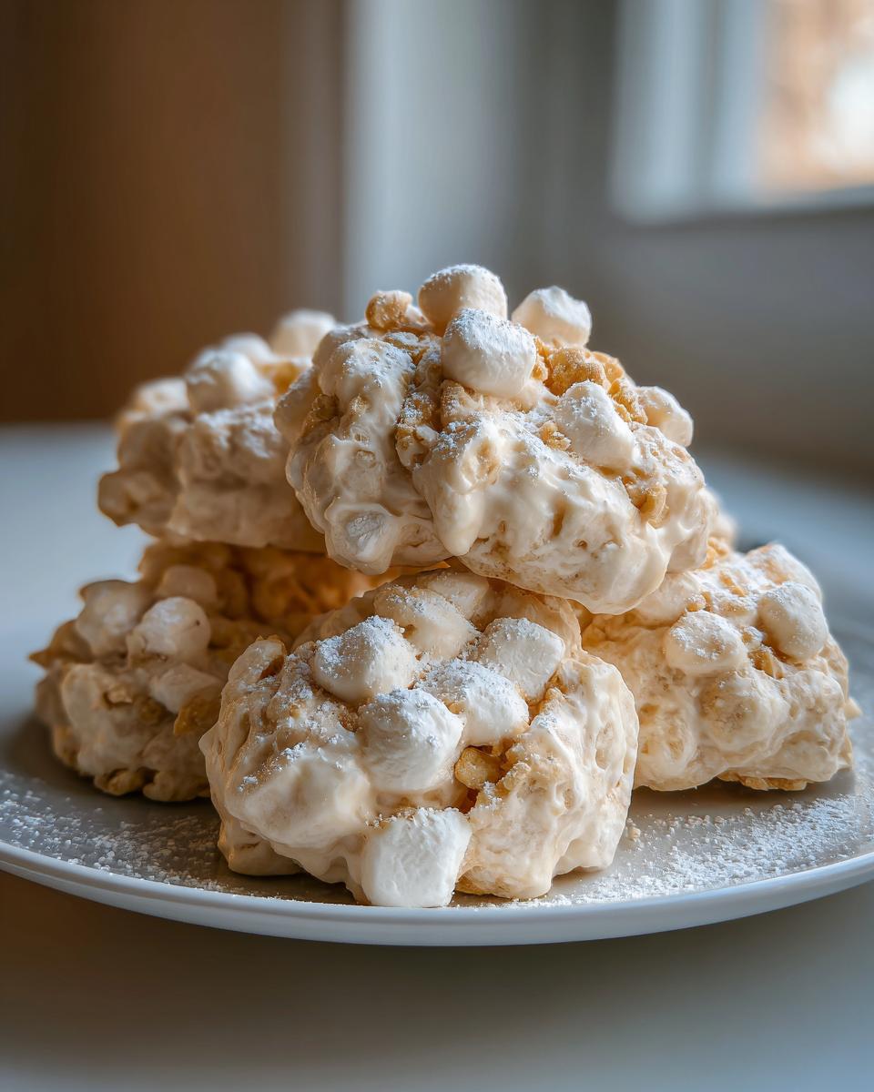 A stack of creamy, white avalanche cookies loaded with mini marshmallows and dusted with powdered sugar.