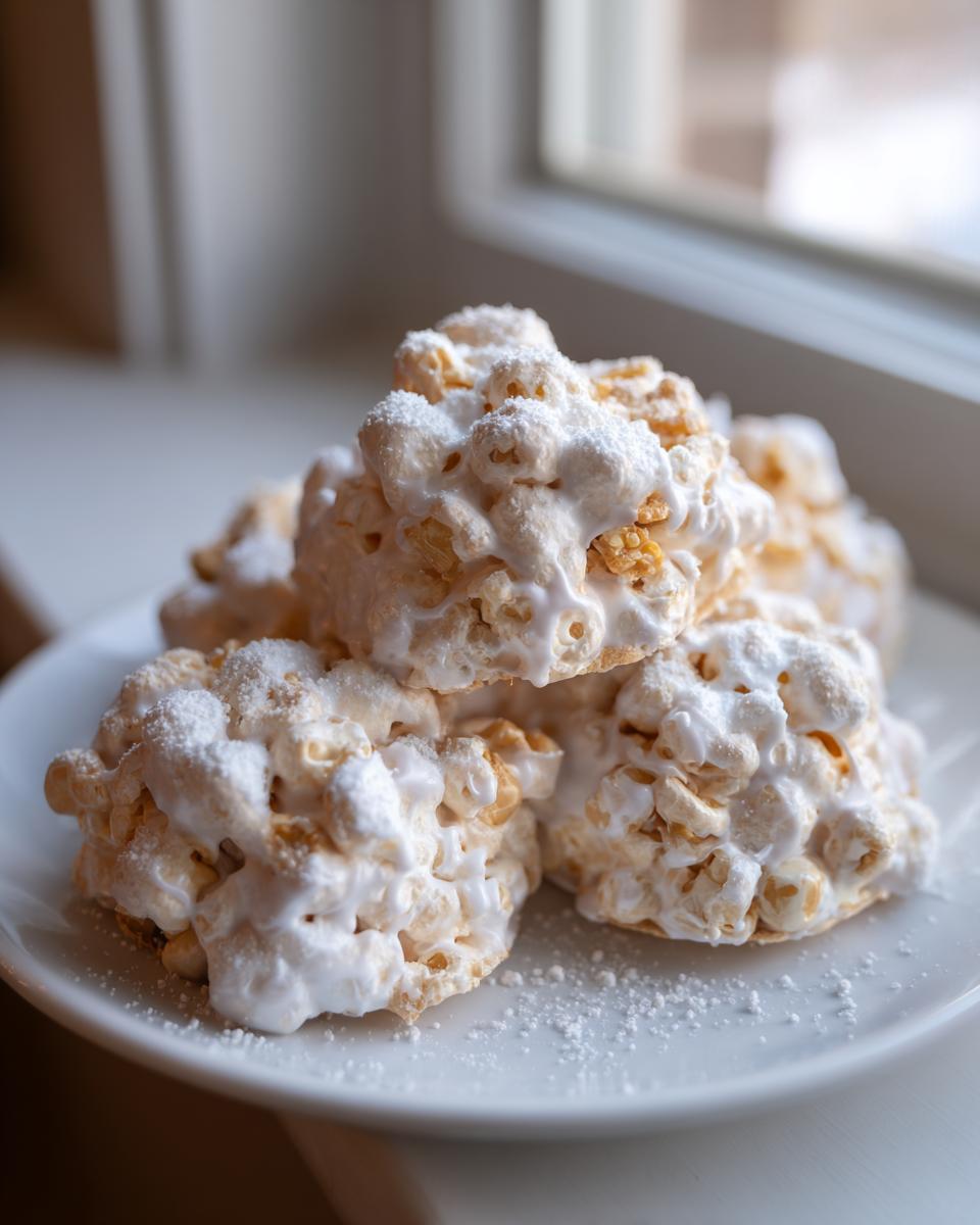 A stack of homemade avalanche cookies, coated in white chocolate or marshmallow and dusted with powdered sugar, sitting on a white plate.