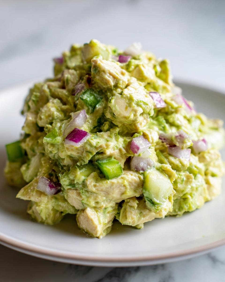 A close-up of a scoop of creamy avocado chicken salad mixed with diced red onion and green peppers.