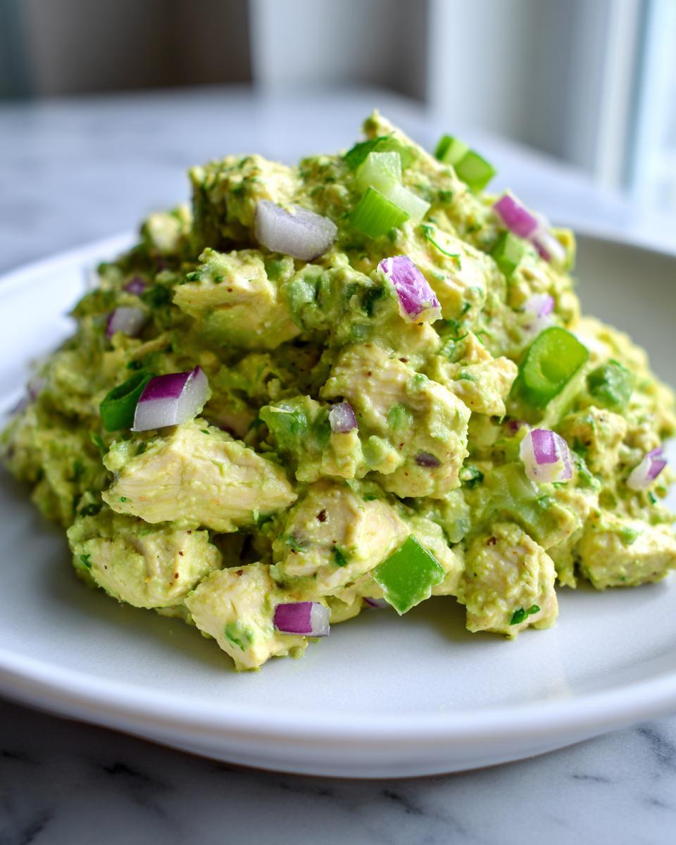 A mound of creamy avocado chicken salad topped with diced red onion and green onion pieces.