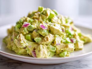 Close-up of a mound of creamy avocado chicken salad featuring chunks of chicken, avocado, celery, and red onion.