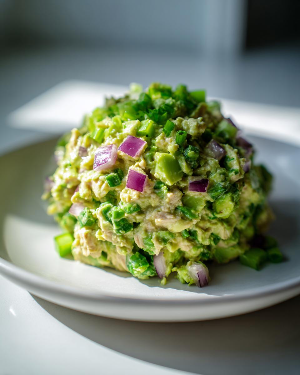 A scoop of creamy avocado chicken salad mixed with diced red onion and green onions, served on a white plate.