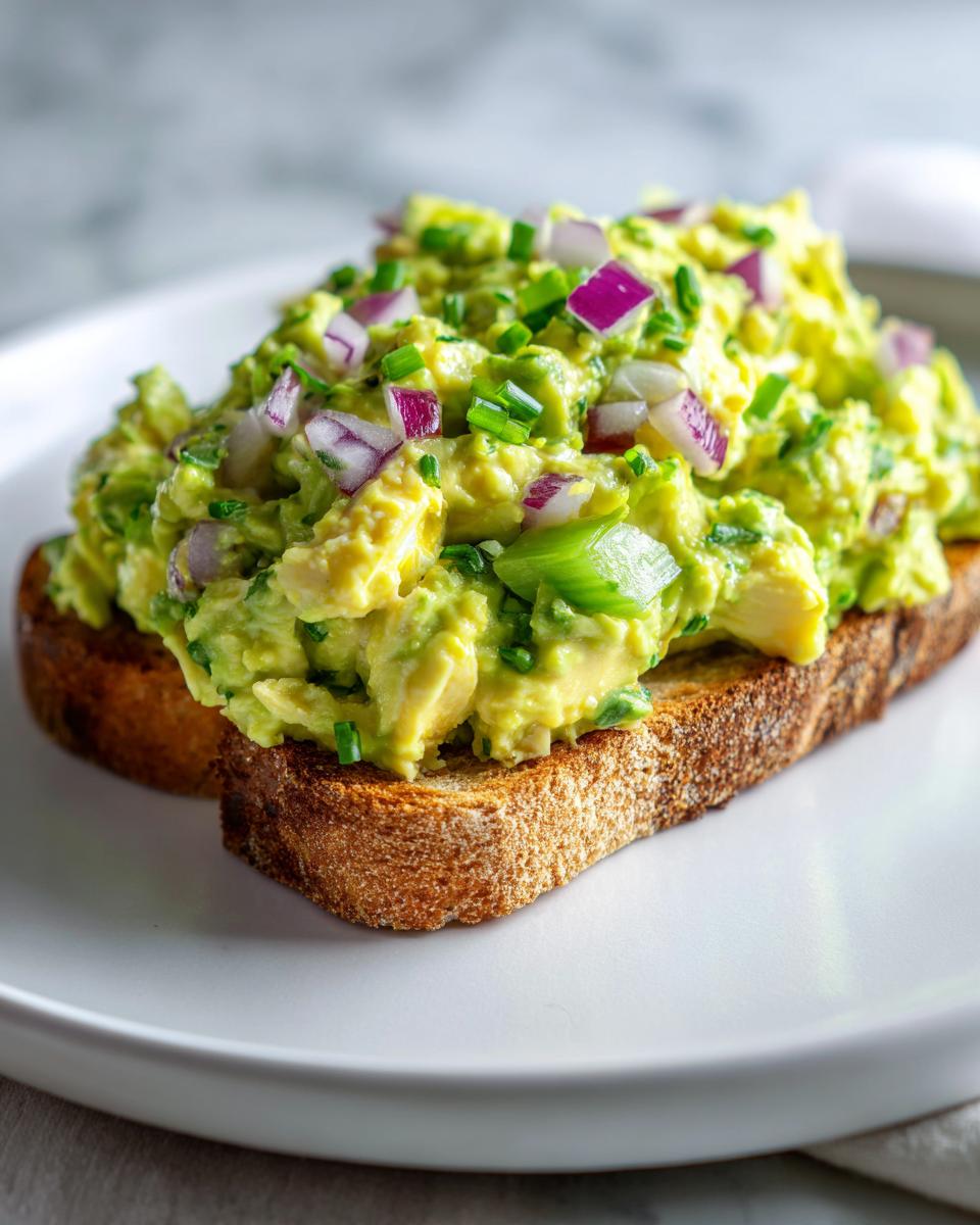 A generous serving of creamy avocado chicken salad topped with diced red onion and chives on a slice of toasted bread.