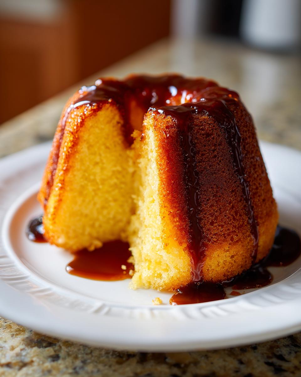 A close-up of a slice taken out of a small, golden Bacardi Rum Cake drizzled with dark rum glaze.