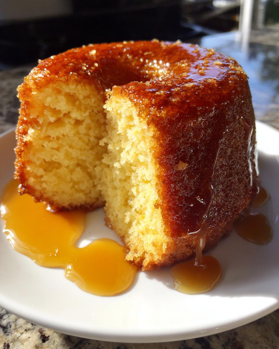 A slice cut from a golden Bacardi rum cake, heavily drizzled with a shiny, amber rum glaze on a white plate.