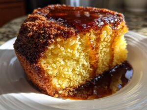 Close-up of a moist, yellow slice of Bacardi rum cake dripping with dark rum glaze on a white plate.