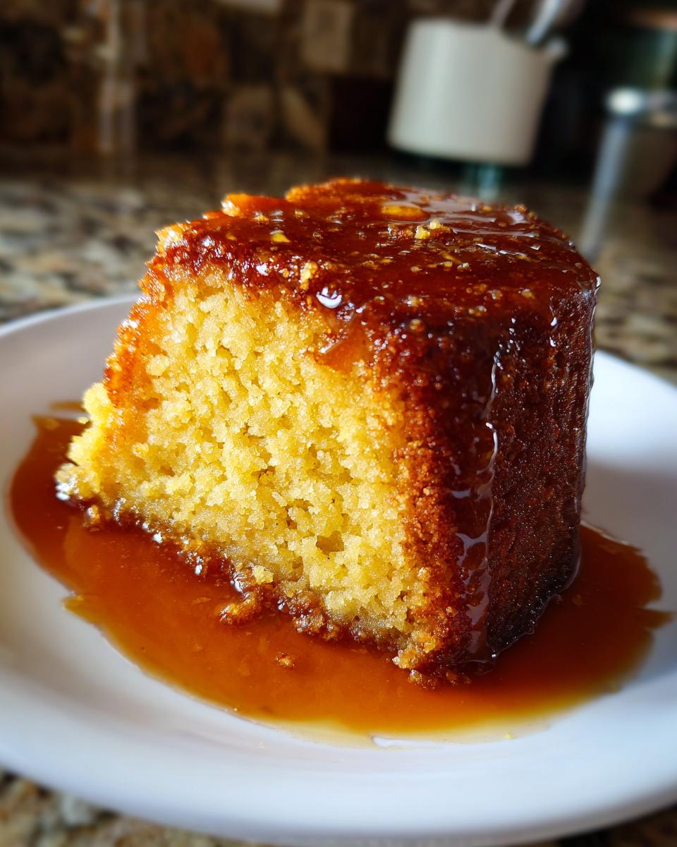 A close-up of a moist, yellow slice of Bacardi rum cake generously covered in a rich, amber rum glaze.