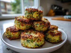 A stack of crispy, golden baked parmesan zucchini bites piled high on a white plate.