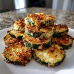 A stack of crispy, golden brown baked parmesan zucchini slices piled high on a white plate.