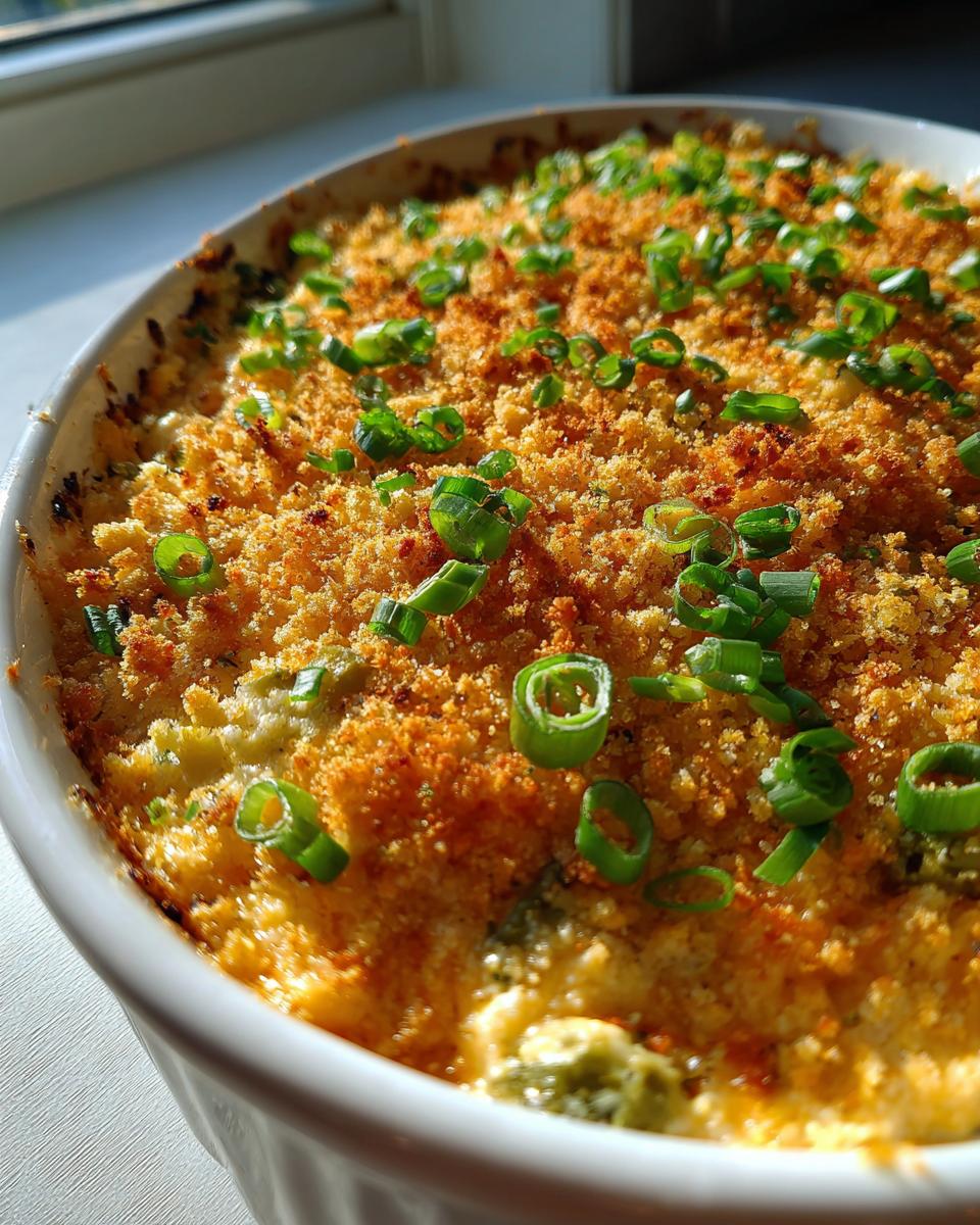 Close-up of a baked popper dip in a white dish, featuring a golden, crunchy topping and fresh green onion garnish.