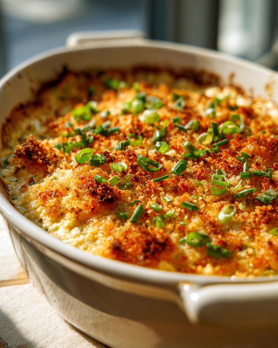 Close-up of hot, baked popper dip in a casserole dish, topped with golden crumbs and green onions.