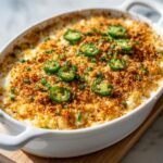 Close-up of a bubbling, baked popper dip topped with golden breadcrumbs, sliced jalapeños, and chives.