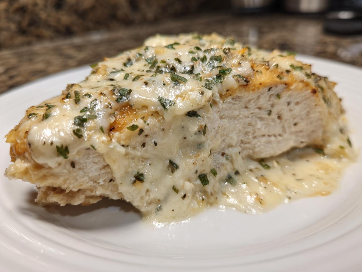 Close-up of a slice of baked ranch chicken showing the moist interior and creamy ranch topping garnished with herbs.