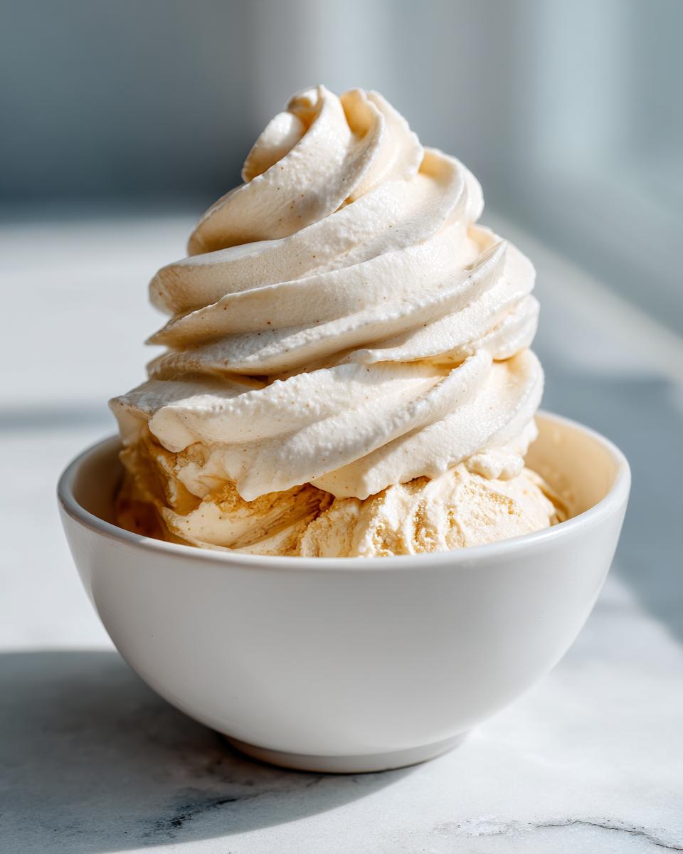 Close-up of a serving of creamy banana ice cream, featuring a soft-serve swirl on top, in a white bowl.