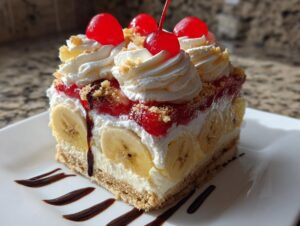 A decadent slice of banana split cake featuring layers of crust, bananas, cream, strawberry topping, and whipped cream with maraschino cherries.