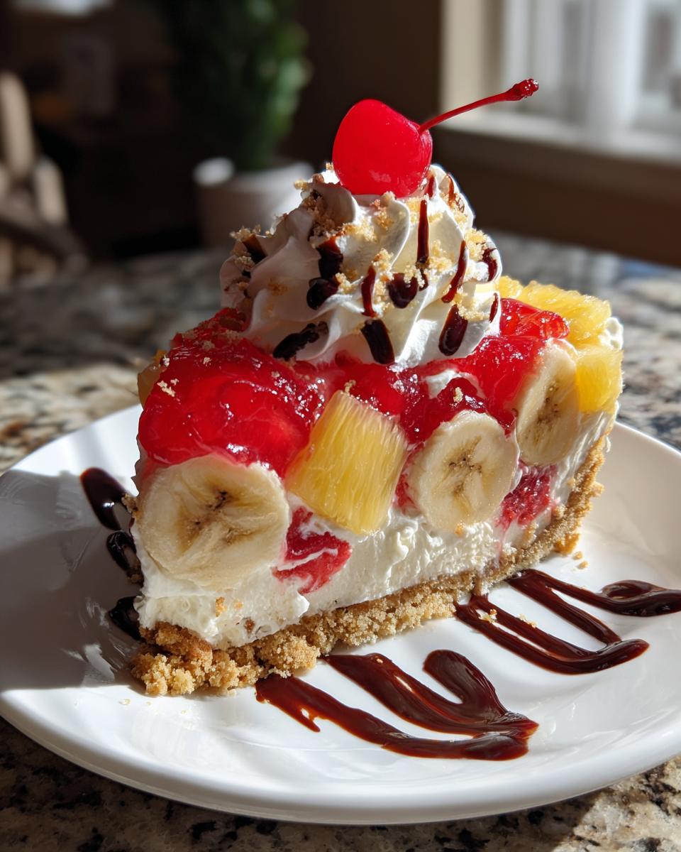 A decadent slice of banana split cake featuring bananas, pineapple, strawberry topping, whipped cream, and a maraschino cherry.