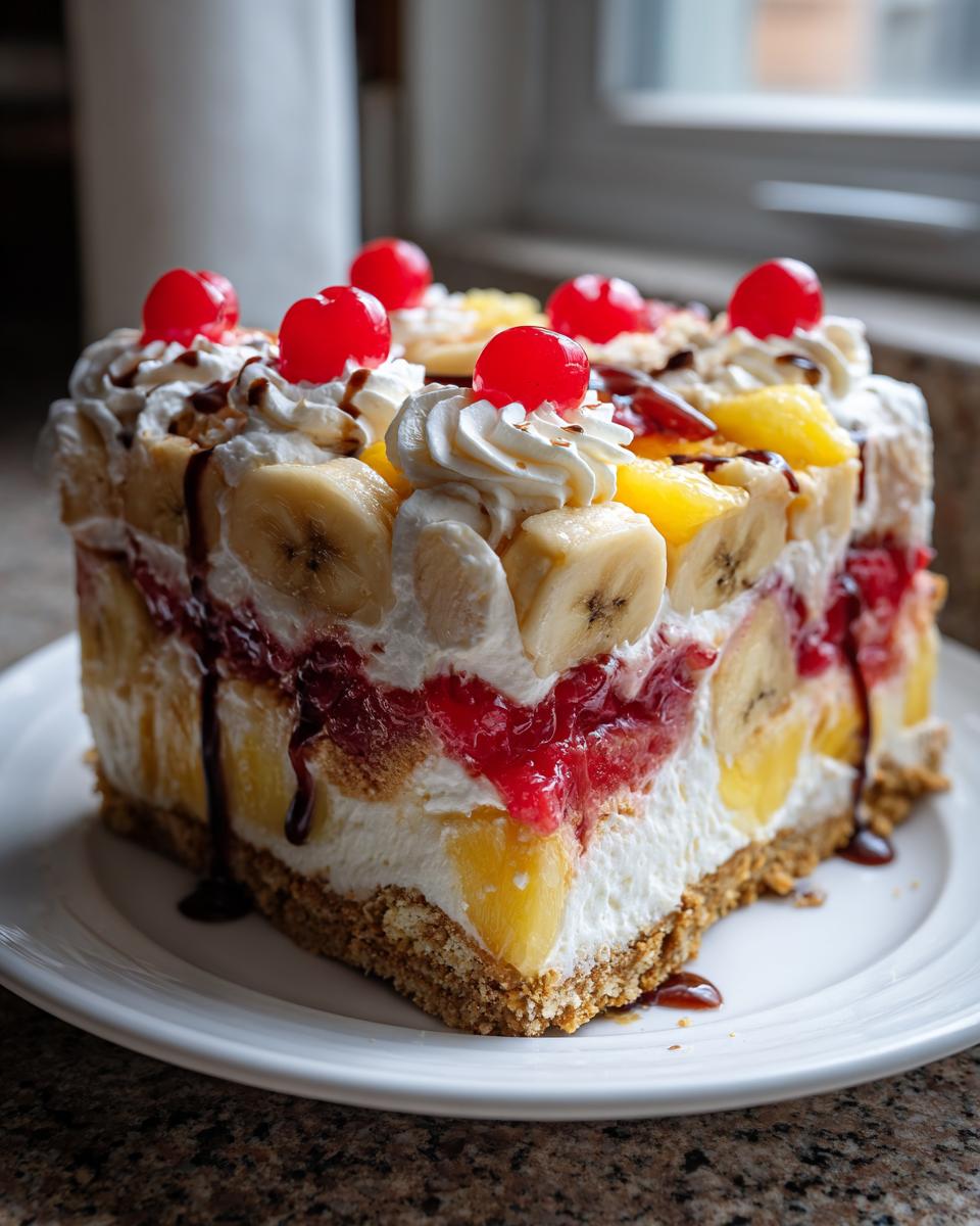 A tall slice of banana split cake showing layers of crust, cream, fruit, and topped with whipped cream and maraschino cherries.