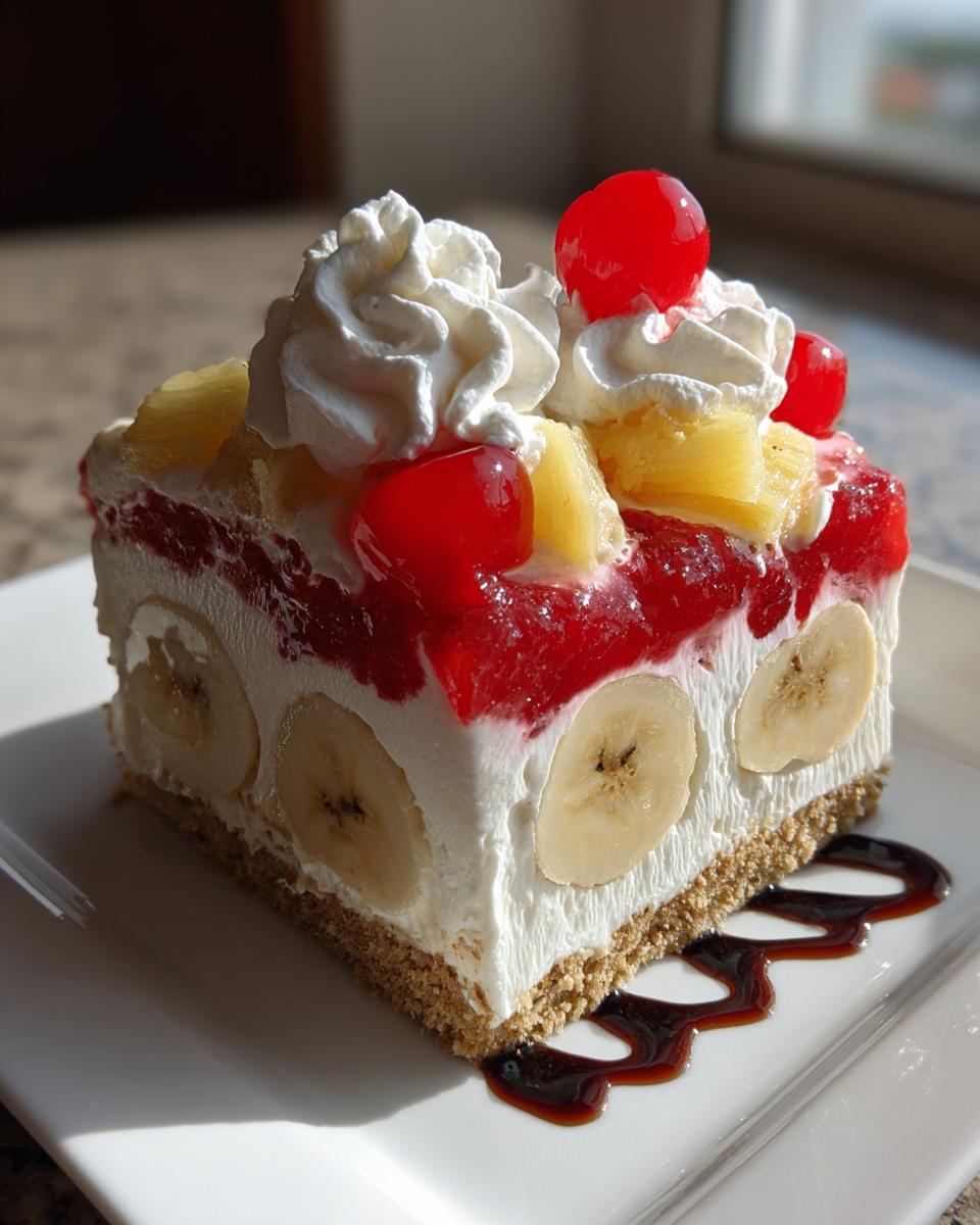 A square slice of banana split cake featuring banana slices embedded in cream cheese filling, topped with red glaze, pineapple, whipped cream, and maraschino cherries.