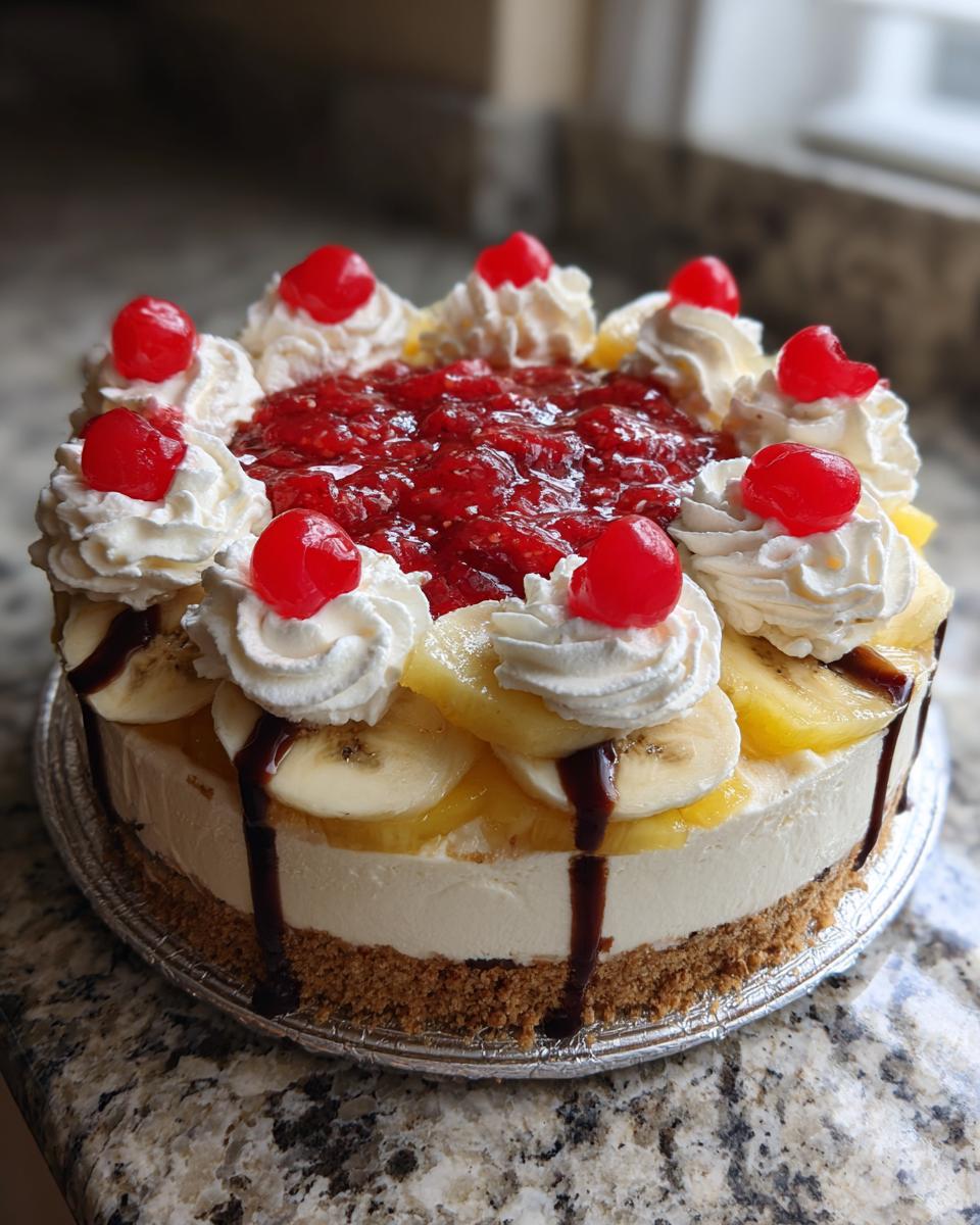 A beautifully decorated banana split cake featuring a graham cracker crust, creamy filling, banana slices, pineapple, whipped cream, and cherries.