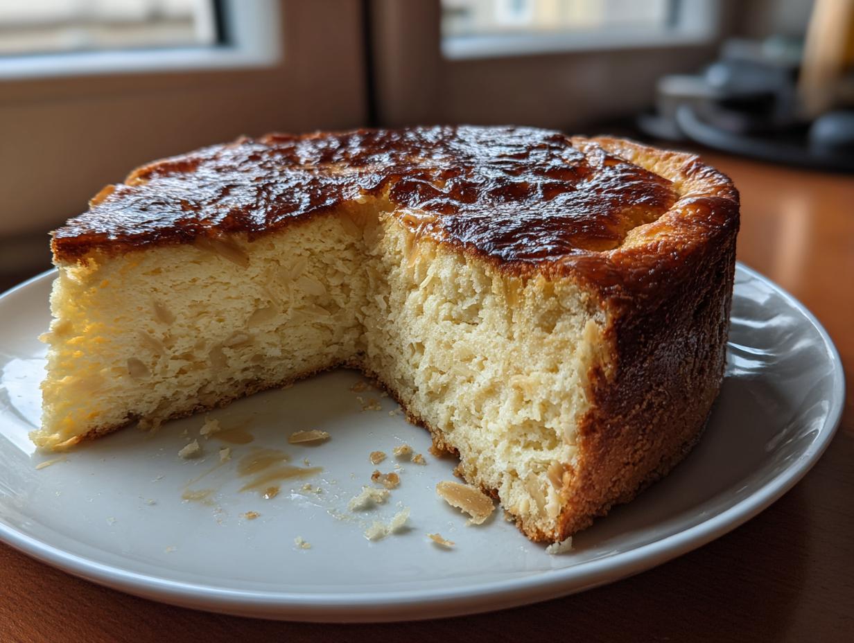 A thick, round layer of bee sting cake with a glossy, caramelized topping, showing a slice removed.