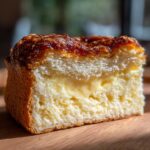 Close-up of a thick slice of bee sting cake showing the fluffy yeast dough, creamy vanilla filling, and caramelized honey topping.