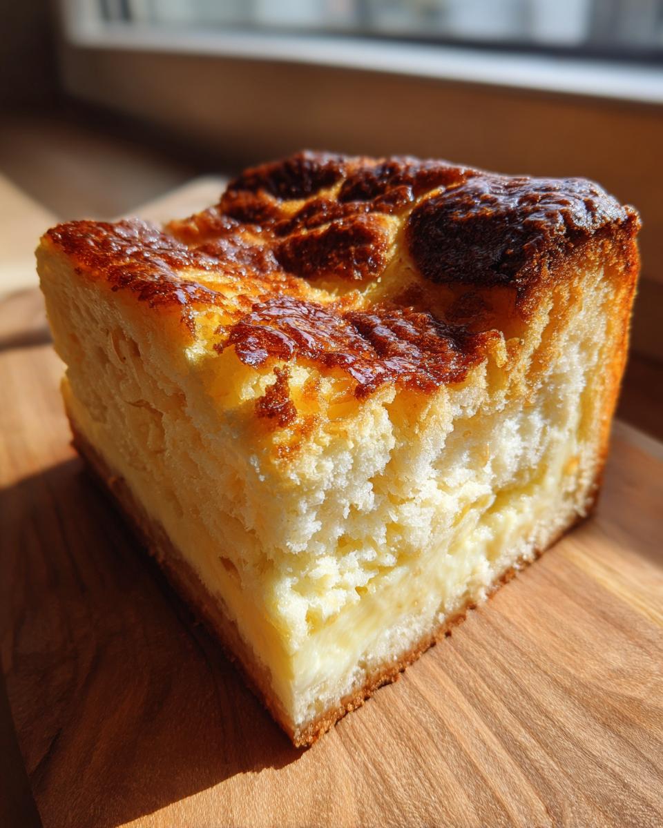 A thick slice of bee sting cake showing the fluffy cake layer, creamy filling, and dark caramelized topping.