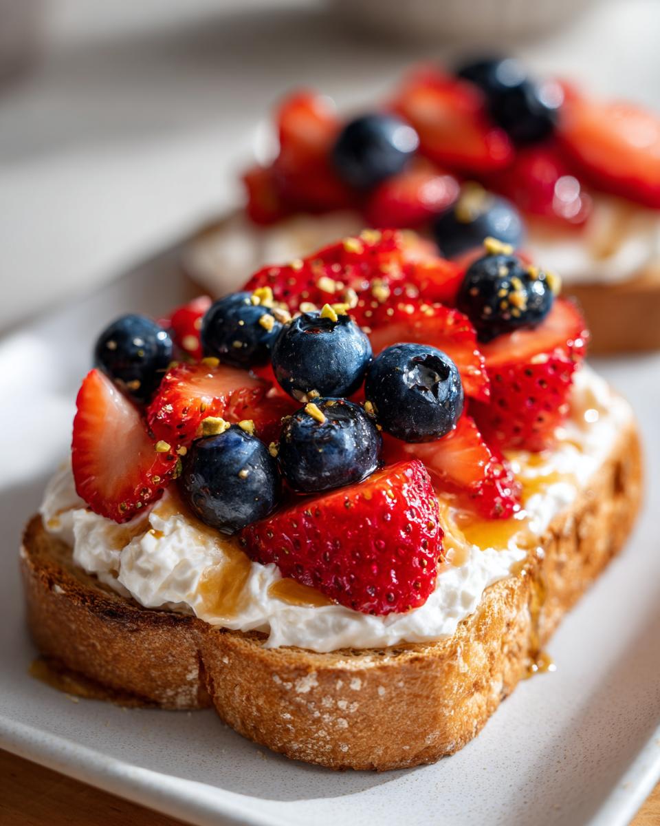 Close-up of delicious ricotta toast topped with fresh strawberries, blueberries, and a honey drizzle.