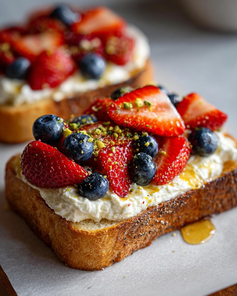 Close-up of a thick slice of ricotta toast topped with fresh strawberries, blueberries, and crushed pistachios.