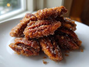 A pile of freshly made candied pecans recipe nuts coated in sparkling sugar crystals on a white plate.