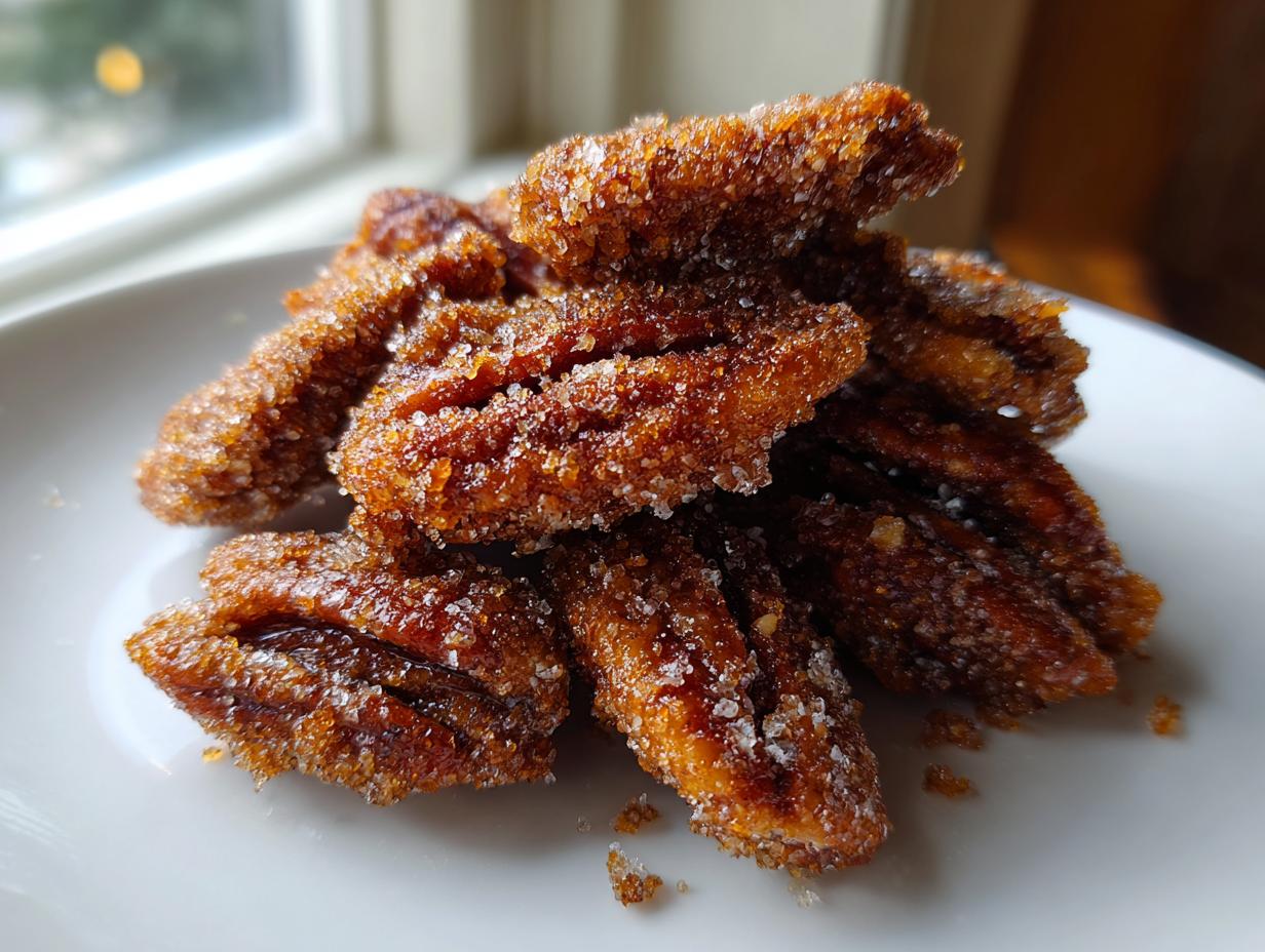 A pile of freshly made candied pecans recipe nuts coated in sparkling sugar crystals on a white plate.